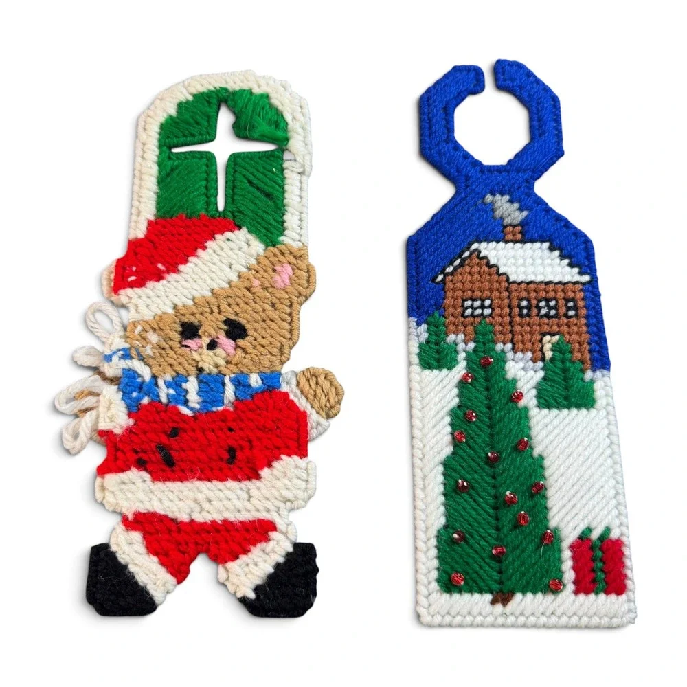 Vintage Handmade Needlepoint Christmas Door Hangers Set of 5
